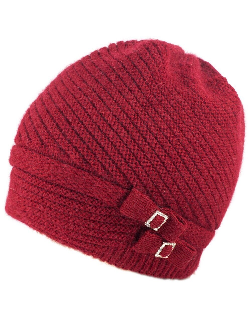 3409 Skullies & Beanies - Wool Slouch Beanie, Rhinestone/Bow, Red